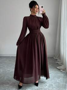 Elenzga 女士休闲、通勤、度假、下午茶、派对纯色棕色雪纺立领宽松交叉系带腰部 A 字形蝴蝶结衬里长袖长裙，春/秋/冬 - 棕色 - 查看 7