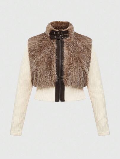 Kawaii Chaqueta retro 2 en 1 de talla grande, abrigo de cárdigan de parches de piel y cuero para otoño/invierno para mujer, abrigo de cárdigan de parches de piel marrón y cuero sintético de talla grande para mujer, otoño/invierno, abrigo de cárdigan marrón de talla grande para otoño/invierno, fiesta de Navidad y vacaciones de talla grande para mujer