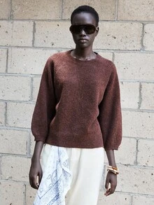 Lumivelle Women's Coffee Brown Round Neck 3/4 Puff Sleeve Pullover Sweater