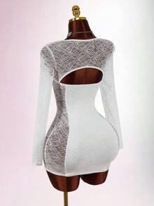 Amplova 女式甜心领撞色蕾丝长袖露背性感紧身迷你连衣裙 - 白色 - 查看 2