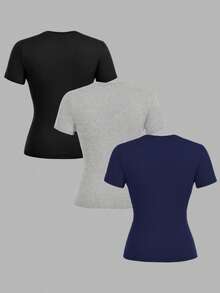 SHEIN EZwear 3 件套女士休闲圆领修身长袖 T 恤套装，适合夏季 - 彩色 - 查看 2