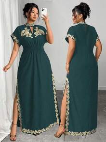 Elenzga 大码女式优雅纯色浪漫刺绣贴花派对鸡尾酒会音乐节度假百搭设计长袖超长连衣裙，春夏 - 墨綠色 - 查看 5