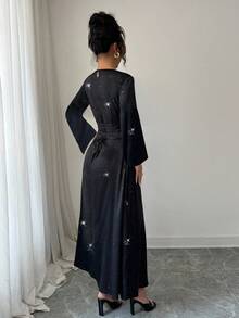 Rafferiza Women's Elegant Starry Sky Glitter Cinched Waist Slim Round Neck Ruffle Sleeve Dress, Summer Fall Cloth For Women