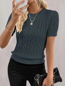 EMERY ROSE Blogger-Inspired Twist Rope Decor Round Neck Knit Sweater, Versatile, Autumn/Winter