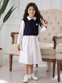 SHEIN 2 件套 青少年女孩休闲前扣长袖连衣裙和无袖心形印花上衣套装 - 白色 - 查看 5