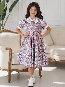 Tween Girl Ditsy Floral Print Puff Sleeve Peter Pan Collar Princess Style Dress