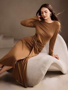Anewsta Solid Color Round Neck Long Sleeve Button Splice Fitted Elegant Women Dress, Suitable For Autumn, Fall, Winter, Going Out, Elegant, Formal, Party, Chic, New Year, Women's Winter Dress, Christmas, Work, Graduation, Wedding - Brown - View 1