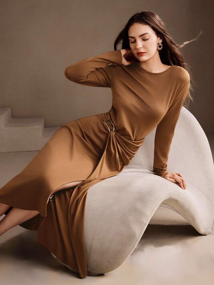 Solid Color Round Neck Long Sleeve Button Splice Fitted Elegant Women Dress, Suitable For Autumn, Fall, Winter, Going Out, Elegant, Formal, Party, Chic, New Year, Women's Winter Dress, Christmas, Work, Graduation, Wedding