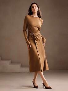 Anewsta Solid Color Round Neck Long Sleeve Button Splice Fitted Elegant Women Dress, Suitable For Autumn, Fall, Winter, Going Out, Elegant, Formal, Party, Chic, New Year, Women's Winter Dress, Christmas, Work, Graduation, Wedding - Brown - View 5