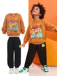 Leap Crew Leap Crew 2 件套男童休闲运动服，连帽运动衫搭配运动裤，适合儿童休闲装、返校装、典礼装、日常装、学校装、旅行装、运动装、秋冬装 - 鏽棕色 - 查看 1