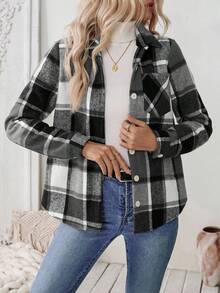 LanaWest Women Button Front Plaid Print Long Sleeve Pocket Casual Jacket, Daily Casual Wear Women Shirt - Grey - View 5