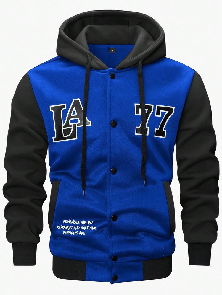 Manfinity Campus Court Men's Letter Print Contrast Color Single-Breasted Drawstring Hooded Long Sleeve Jacket, Autumn - Blue - View 5