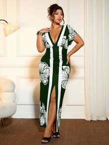 Cravure Women's Fitted Waist Elastic Floral Print V-Neck Dress - Dark Green - View 6