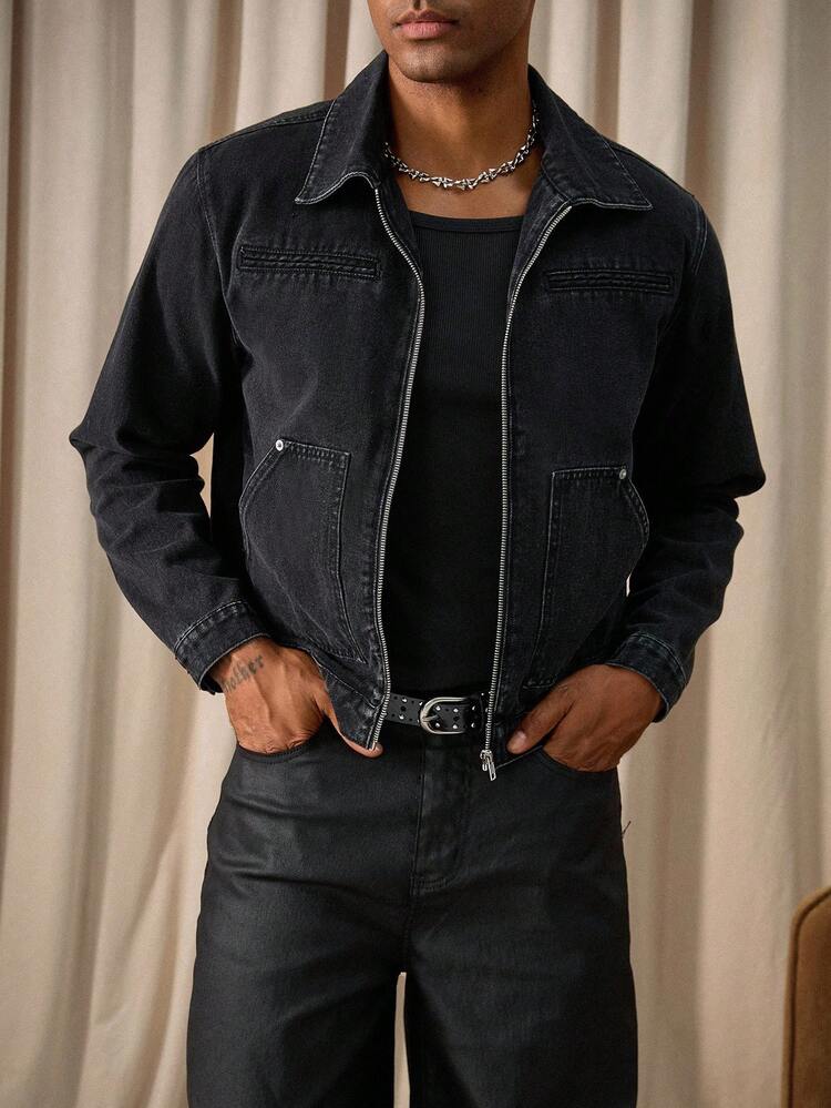 RivetRise Men Long Sleeve Casual Washed Black Short Denim Jacket