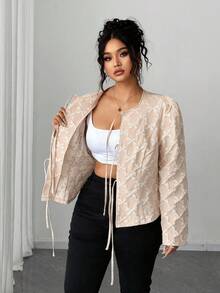 Elenzga Chaqueta versátil de cuello redondo con diseño de lazo texturizado, manga larga, cintura con lazo y pliegues delanteros, ideal para el otoño temprano, talla grande