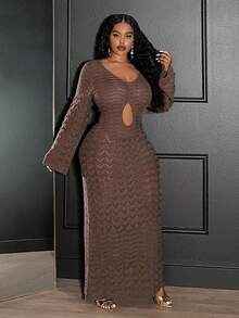 Slaydiva فستان ماكسي محبوك أنيق وأنيق ذو أكمام طويلة وياقة عميقة على شكل V وشق جانبي للنساء ذوات الحجم الكبير، لون بيج ثابت، مناسب لحفلات المنتجعات الراقية في خريف وشتاء 2025 - كاكي - مشاهدة 6
