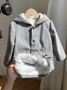 SHEIN 年轻男孩灰色保暖内衬休闲舒适百搭纯色加厚连帽夹克，适合冬季，学院风，英伦绅士复古 - 灰色 - 查看 7