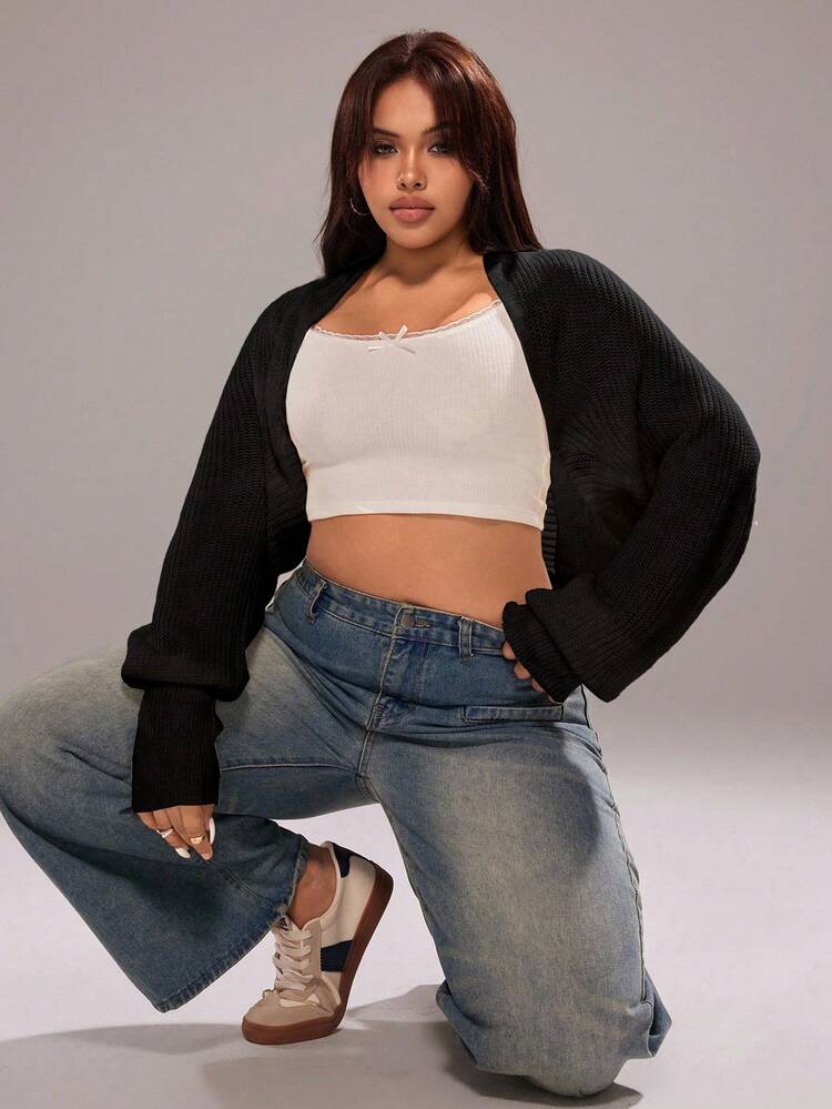 Rustia Chaquetas de punto de manga larga con efecto murciélago para mujer de talla grande - Negro - Añade 4