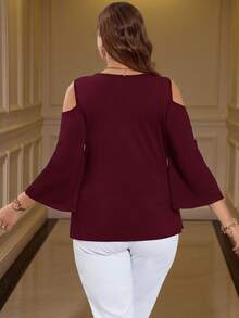 SHEIN Clasi 大码女式休闲宽松露肩黑色拼布T恤优雅女士服装 - 酒紅色 - 查看 2
