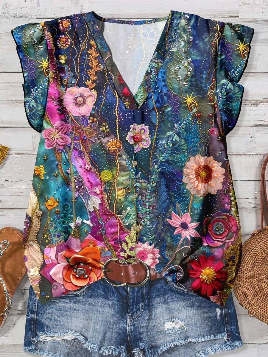 SHEIN LUNE 女士休闲复古V领盖袖衬衫，简约风格适合夏季 - 彩色 - 查看 1