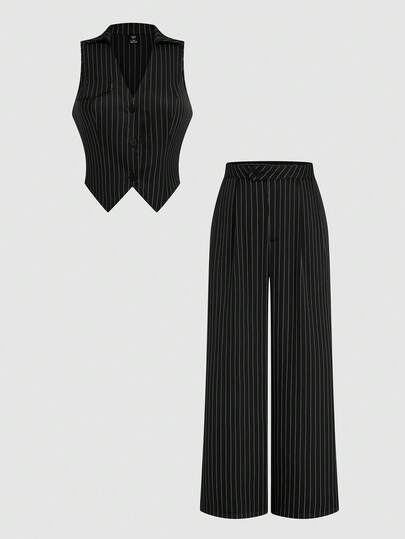 Lyrianda 2pcs Plus Size Women Striped Lapel Single-Breasted Vest And Loose Pants Casual Suit, Tall