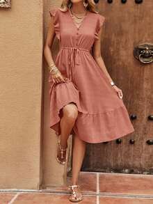SHEIN Clasi Women's Flounce Sleeve Drawstring Waist Dress - Rust Brown - View 5