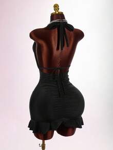 Amplova 女式性感露背系带紧身迷你连衣裙，带荷叶边下摆装饰 - 黑色 - 查看 1