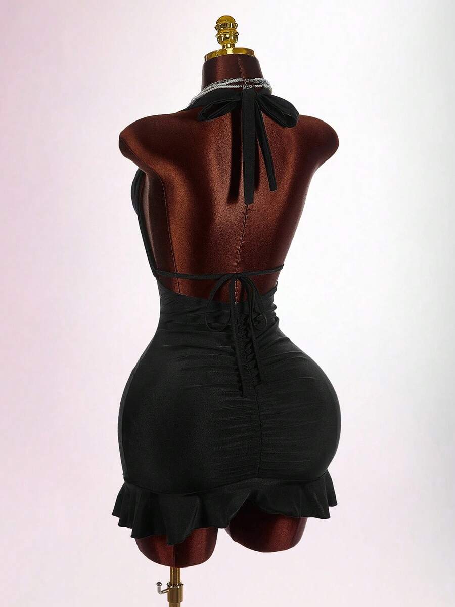 Amplova 女式性感露背系带紧身迷你连衣裙，带荷叶边下摆装饰 - 黑色 - 查看 1