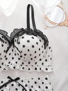 2pcs Plus Size Bra Set With Molded Cup, Underwire, Mesh Inset, Ruffle Trim, Bow Accent, Lift & Enhance, Polka Dot Pattern  Cozy And Elegant Details
