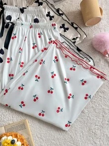 SHEIN 3件装大码牛奶丝七分裤，蝴蝶结、爱心和樱桃印花 - 彩色 - 查看 6