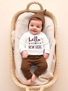 SHEIN HELLO Letter Embroidered Newborn Photography Outfit, Baby Boy/Girl Top, Pants, Hat 3pcs Set, Infant 1 Month To 100 Days Studio Photo Prop Clothing Fall Winter