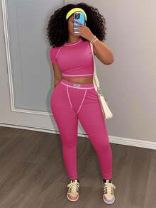 Slaydiva 2025 春夏新款休闲街头百搭运动基础修身绿色圆领短袖短款T恤和撞色腰裤女两件套，适合音乐节、复活节、西部游牧风格、乡村风格、婚礼嘉宾、日常旅行、毕业季、派对聚会、俱乐部、运动健身、瑜伽 - B - 玫紅色 - 查看 3