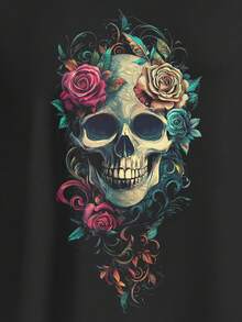 SHEIN LUNE Casual Minimalist Halloween Punk Street Style Skull & Rose Graphic Dropped Shoulder Long Sleeve T-Shirt For Women, Suitable For Autumn/Winter,Halloween Shirt