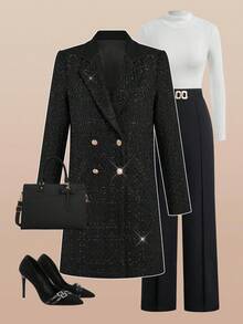 Gownix Abrigo largo con hebilla metálica brillante para otoño/invierno - Negro - Ver 1