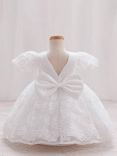 Glamorique Kids 女婴优雅 V 型后背蕾丝缎面泡泡袖公主裙，带 3D 蝴蝶结装饰，适合婚礼、洗礼、生日派对