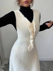 Elenzga 女式纯色V领无袖褶皱针织连衣裙，秋冬 - 杏色 - 查看 6