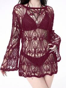 ROMWE Goth Sexy Solid Color Crochet Hollow Sheer Cover-Up, Suitable For Beach Vacation - Burgundy - View 5