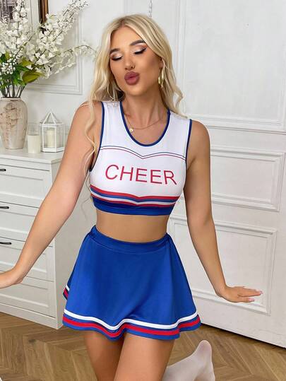 SHEIN 4pcs Halloween Cheerleader Costume Set For Women [Top + Skirt + Socks]