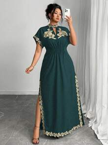 Elenzga 大码女式优雅纯色浪漫刺绣贴花派对鸡尾酒会音乐节度假百搭设计长袖超长连衣裙，春夏 - 墨綠色 - 查看 6