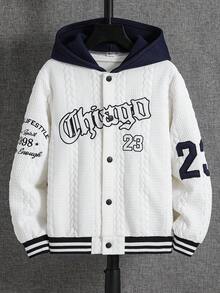 SHEIN 青少年男童休闲纹理面料，酷炫字母和数字刺绣图案拉链长袖厚针织夹克，适合学校、返校季、秋冬季 - 白色 - 查看 3