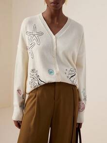 Vesra New V-Neck Mixed Yarn Cardigan For Women, European & American Style, Versatile, Minimalist Fashion, Embroidered Pattern, Skin-Friendly Knit Top