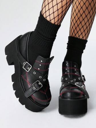 Grunge Punk Women's New Platform Wedge Heel Round Toe Slip-On Fashion Loafers