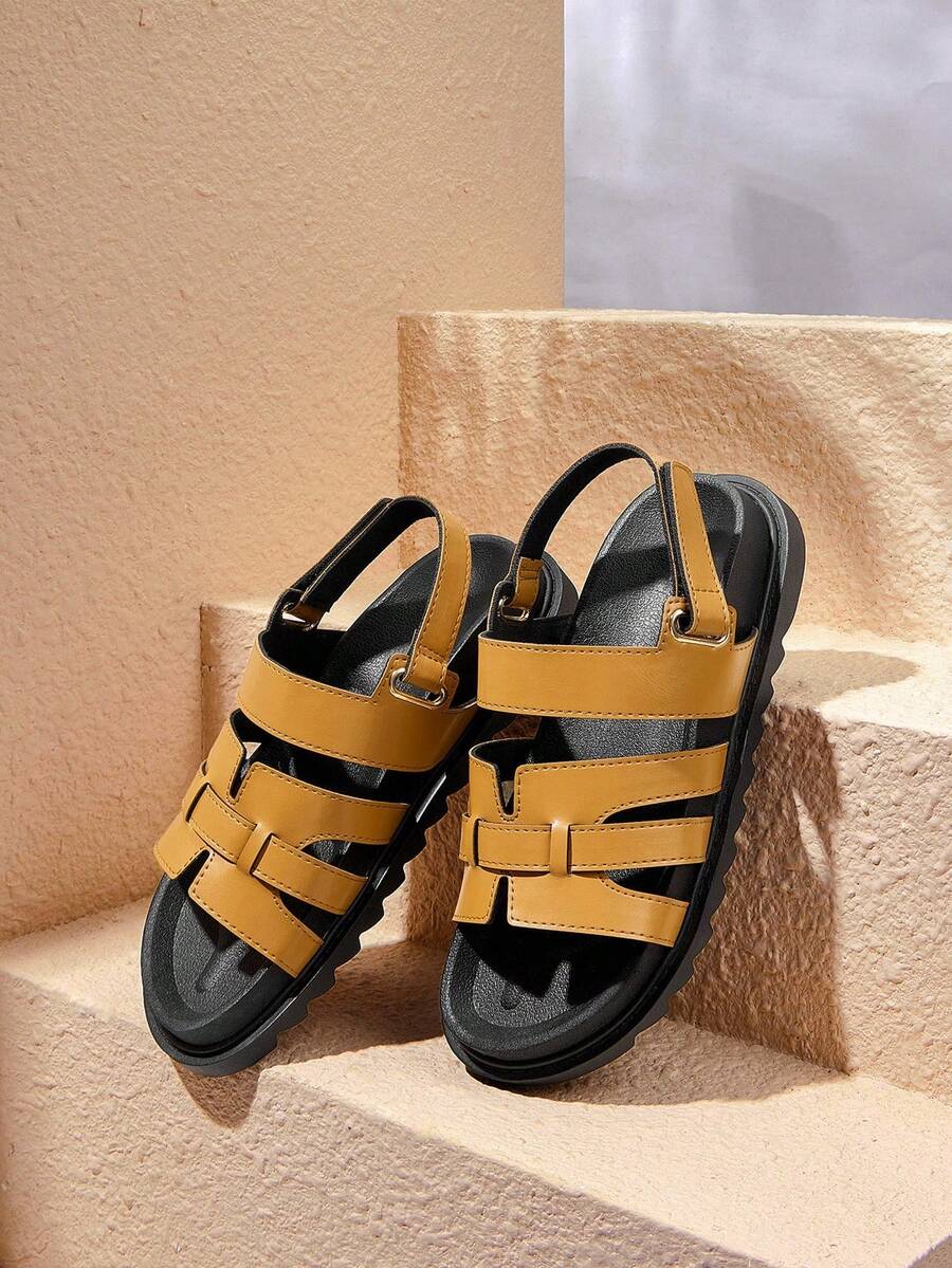 HighSole Sandalias planas de mujer con suela gruesa de doble capa en color negro - Camel - Ver 1