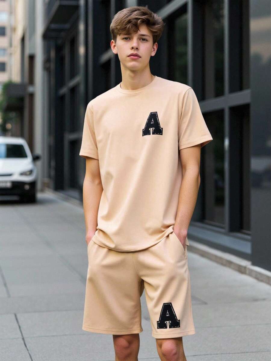 Conjunto de camisetas gráficas con letras casuales para adolescentes varones, adecuado para la escuela, el ocio y el deporte - Caqui - Ver 1