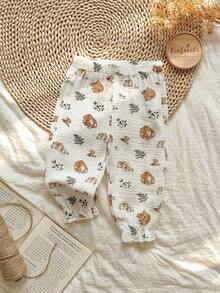 Vintaside Kids 女婴柔软棉麻混纺裤子，带有可爱的兔子和动物图案，适合春秋冬季的时尚百搭下装 - 彩色 - 查看 3