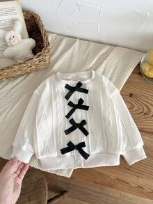 SHEIN Áo len cardigan dệt kim họa tiết nơ thời trang tối giản cho bé gái, Xuân/Thu - trắng - Xem 3