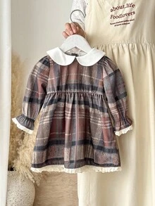 SHEIN 1 pieza Vestido de niña a cuadros vintage con ribete de encaje, tela gruesa, adecuado para uso diario en otoño/invierno - Marrón Chocolate - Ver 3