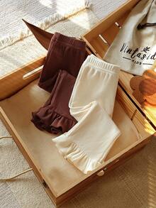 Vintaside Kids 2件套女婴休闲舒适纯色松紧腰荷叶边下摆喇叭裤套装 - 彩色 - 查看 1