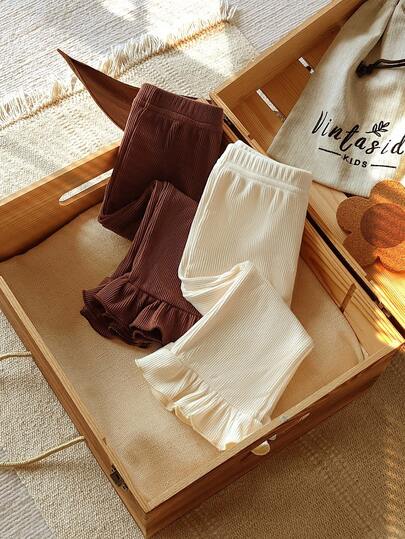 Vintaside Kids 2pcs Baby Girls Casual Comfortable Solid Color Elastic Waist Ruffle Hem Flared Pants Set Fall Winter