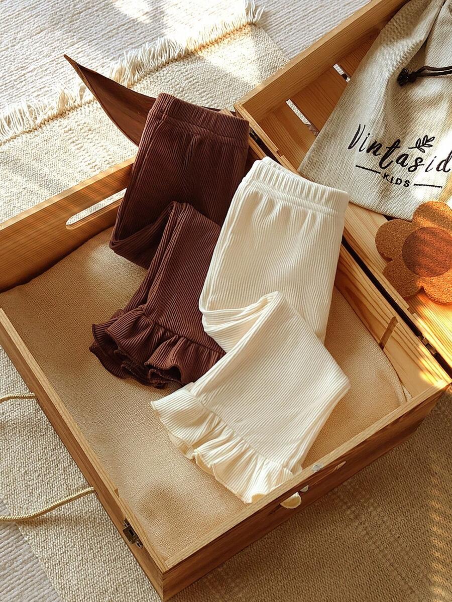 Vintaside Kids 2件套女婴休闲舒适纯色松紧腰荷叶边下摆喇叭裤套装 - 彩色 - 查看 1